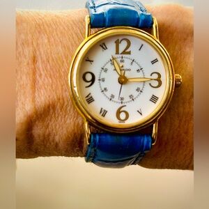 Vintage Movado Gold Watch | White Dial, Black numbers | Blue Leather Strap